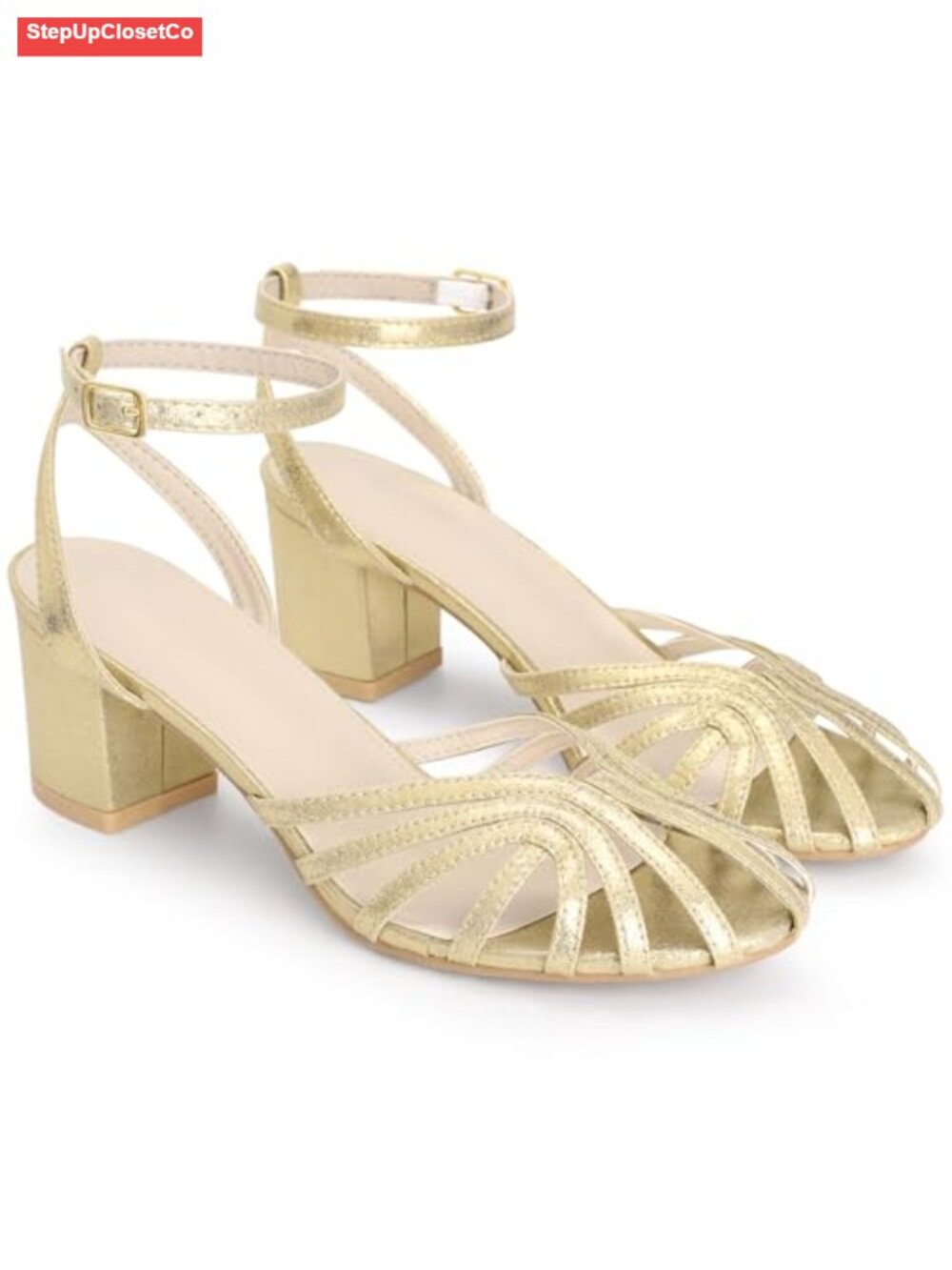 Women Metallic Strappy Heel Sparkly Slingback Block Heels